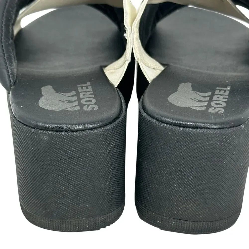 Sorel Cameron Flatform Puff Sandal Platform Slide  Black & White Leather